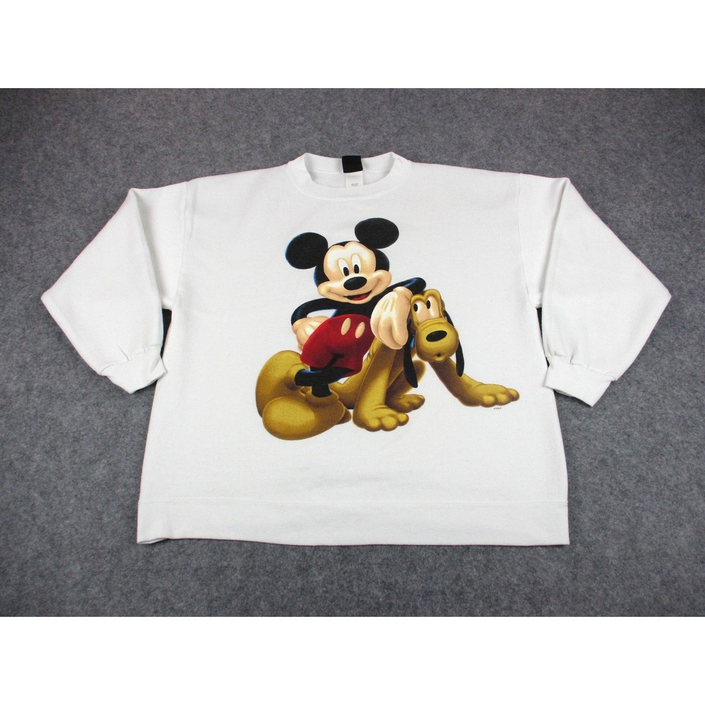 VINTAGE Disney Sweatshirt Mens Medium White Mickey Mouse Pluto Graphic Sweater